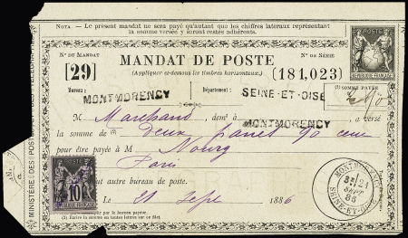 N°89 sur mandat de poste noir avec globe (SAG R4) OBL "Montmorency Seine-et-Oise" (1886), quelques défauts sinon TB, cote 650€