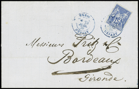 N°90 OBL CAD bleu "Paris Départ" (1878) répété à côté sur lettre. TB