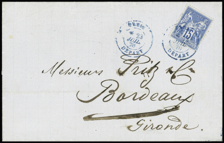 N°90 OBL CAD bleu "Paris Départ" (1878) répété à côté sur lettre. TB