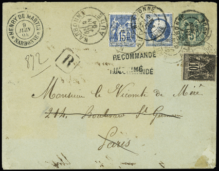N°14 + 89 + 101 OBL  "Narbonne Aude" (1894) sur env entier postal 5c Sage TSC Henry de Martin sur papier vert (SAG D18 d1). Rare et TB