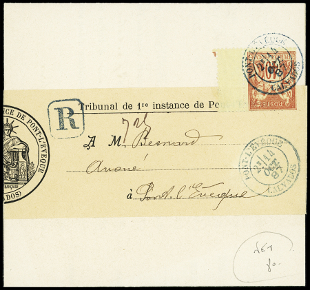 N°94 OBL CAD bleu "Pont l'Evêque Calvados" (1887) sur pli recommandé de tribunal sous bande. Jolie pièce