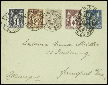 N°83 + 85 + 87 + 88 OBL "Paris 80 R. du Bac" (1898) sur env. entier pstal 15c Sage pour Francfort (Allemagne). AFF 4 couleurs. TB