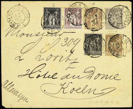 N°83 + 85 + 87 + 88 + 89 OBL "Paris 1 Pl de la Bourse" (1895) sur lettre pour Cologne (Allemagne), AFF 6 couleurs. TB