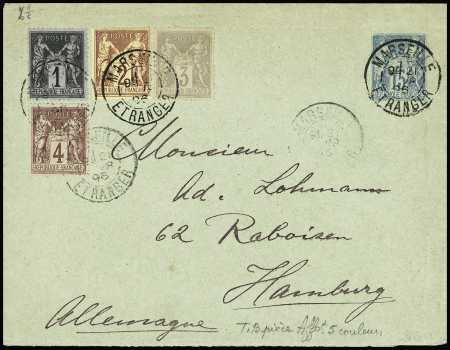 N°83 + 85 + 87 + 88 OBL CAD "Marseille etranger" sur env. entier postal 15c Sage pour Hambourg Allemagne. AFF 5 Couleurs. TB