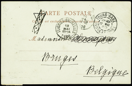 N°103 OBL roulette d'annulation belge sur carte postale de Tours pour Bruges (1900). TB