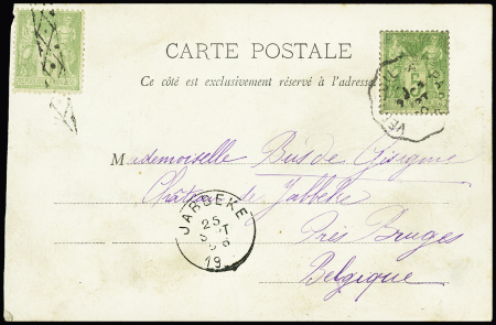 N°102, 2 pièces, dont l'une OBL roulette d'annulation belge sur carte postale de Nogent sur Marne pour Bruges. TB