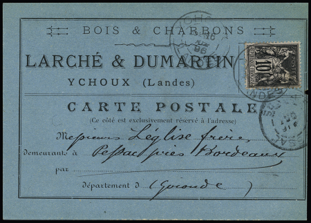 N°89 OBL "Ychoux Landes" (1896) sur carte postale bleue à en-tête "Bois & Charbons Larché & Dumartin Ychoux" (Landes). TB