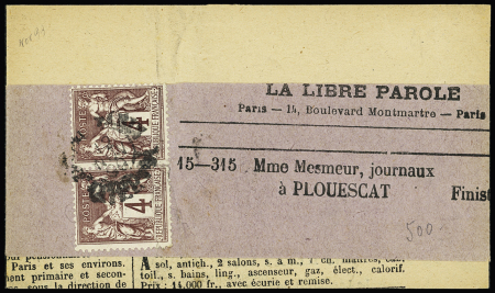 N°88 en paire OBL sur fragment de journal "La Libre Parole" (journal antisémite d'Edouard Drumont) sous bande OBL Paris sous bande. TB