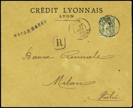 N°82, 1F olive, OBL "Lyon Rhone" (1893) seul sur lettre recommandée pour Milan avec arrivée au verso. TB