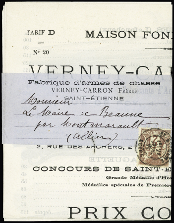 N°85, 2c brun rouge, OBL CAD T18 "St Etienne Loire" (1877) sur prospectus sous bande à en-tête "Fabrique d'armes de chasse Verney-Carron frères, Saint-Etienne". TB