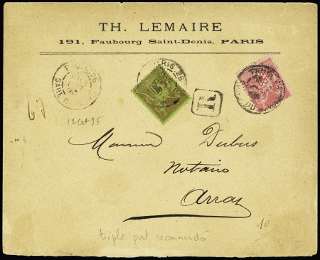 N°96 + 98 OBL "Paris 26 Gare du Nord" (1895) sur lettre en triple port pour M.Dubus, notaire à Arras (père de Léon Dubus). TB