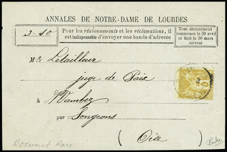 N°86, 3c bistre-jaune OBL sur devant de bande à en-tête "Annales de Notre Dame de Lourdes", signé Calves. TB