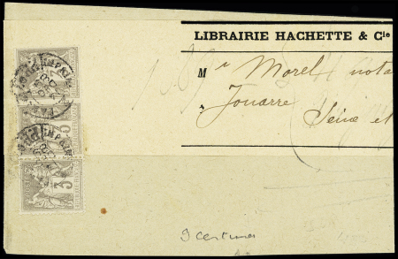N°87, 3c gris, bande de 3 OBL CAD "Imprimés PP Paris 92" (1889) sur bande. TB