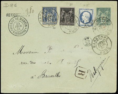 N°14 + 89 + 90 OBL CAD "Narbonne Aude" (1894) sur entier postal 5c Sage vert sur vert TSC Henry de Martin (SAG D 18 D) recommandé pour la Belgique. TB
