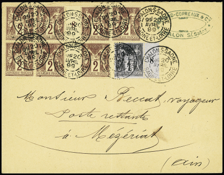 N°83 + n°85, bloc de 7 millésime 8 OBL "Chalon-s-Saône Saone et Loire" (1899) sur lettre en poste restante pour Mézériat (Ain). TB