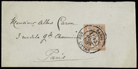 Bande entier postal 3c vermillon sur gris TSC Maury (SAG C4D) OBL CAD "Paris rue Littré" (1888). TB. Cote 125€