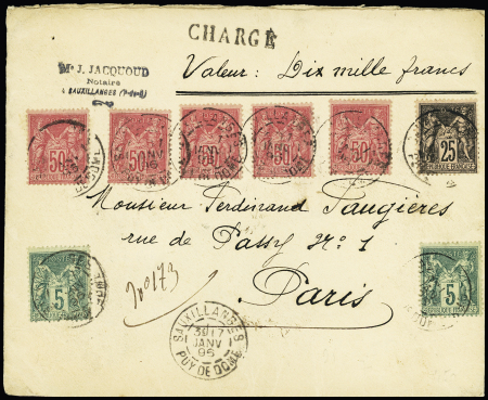 N°75, 2 pièces + n°97 + n°98, 5 pièces OBL "Sauxillanges Puy de Dôme" (1896) sur lettre chargée (VD 10000F). TB