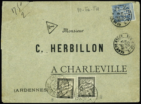N°90 OBL CAD "Gare de Melun S et Marne" (1890) sur lettre avec taxe n°18 + 20 OBL CAD "Charleville Ardennes" sur lettre. TB