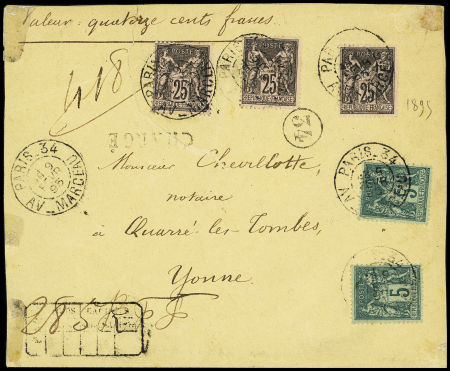 N°75, 2 pièces + n°97, 3 pièces OBL CAD Paris 34 av. Marceau" (1895) sur lettre chargée (VD 1400F). TB