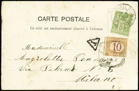 N°102 OBL CAD "Paris 37 Bd Malesherbes 101" (1900) sur carte postale pour l'Italie avec Italie timbre-taxe n°6 OBL Milano. TB