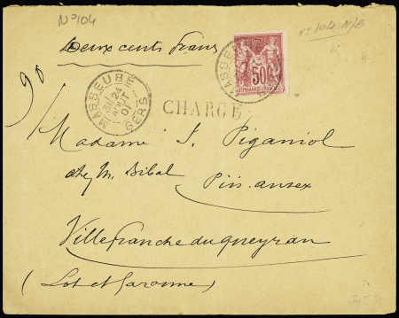 N°104, 50c rose, OBL CAD "Masseube Gers" (1901) sur lettre chargée (VD 200F). TB