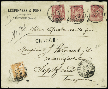 N°98, 50c rose, 3 pièces + n°117 OBL CAD "Villefranche de Rouergue Aveyron" (1902) sur lettre chargée, AFF Sage Mouchon. TB