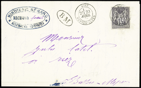 N°77 OBL T18 "Riez Basse-Alpes" (1878) + "BM" dans un ovale sur lettre du village d'Allemagne. Jolie pièce