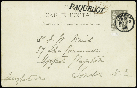 Entier carte postale 10c Sage de Dieppe pour Londres OBL duplex "London" + "Paquebot". Jolie pièce rare.
