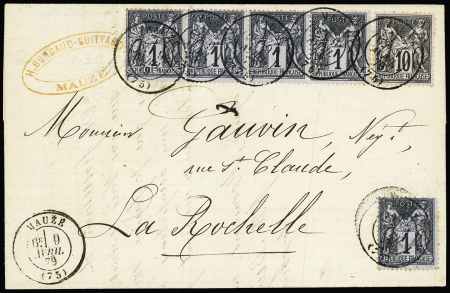 N°83, bande de 4 + 1 pièce + n°89 OBL T17 Mauzé (75) (1879) sur lettre pour La Rochelle. TB