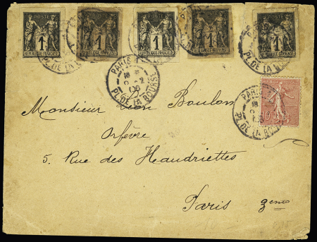 N°129, 10c semeuse + 5 entiers découpés 1c Sage OBL Paris 1 PL de la Bourse (1906) sur lettre. Spectaculaire et TB