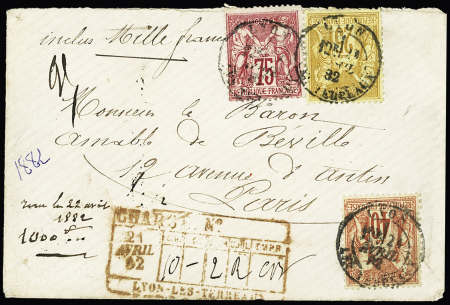 N°71 + 92 + 94 OBL T18 "Lyon Les Terreaux" (1882) sur une petite lettre chargée (VD 1000F) avec cachet rouge descriptif des chargements. TB