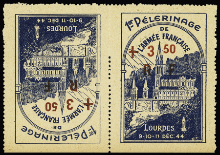 LOURDES vignette surchargée RF+ 3.50, tête-bêche,