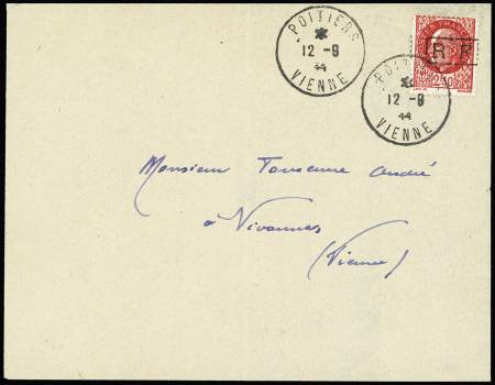 POITIERS N°9 2fr.40, sur lettre cad Poitiers 12.09.44,