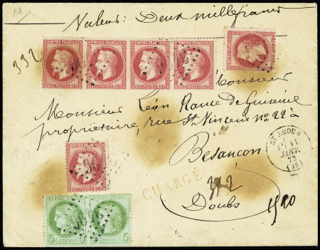 N°32 80c rose (bande de 4 + 2 isolés, 1 pd) +n°53