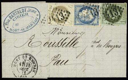 N°25+27A+37 obl. GC 3413 sur lettre de Mont de Marsan
