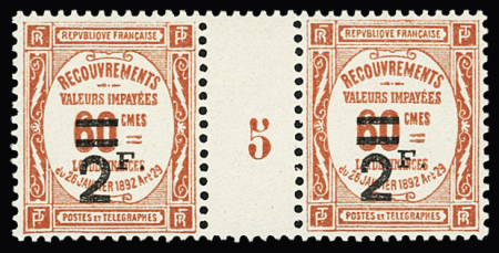 N°54 2f sur 60c rouge, en paire avec millésime 5,