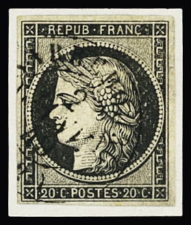 N°3, 20c noir sur jaune , timbre détaché, OBL T15 "Sarrebourg (52)", (2 janv 49), rare et TB