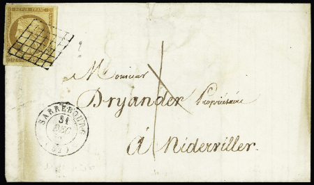 N°1, 10c bistre-jaune, OBL grille + T15 "Sarrebourg (52)" (31 dec 50) sur lettre locale pour Niderviller. TB