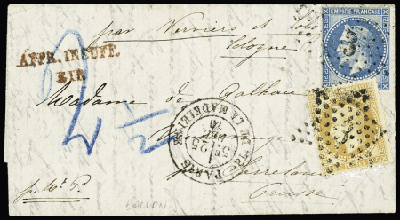 N°(28+29 rajoutés) OBL étoile 3 + CAD "Paris Pl de la Madeleine" (25 dec 70) sur ballon monté pour "Sarrebourg Prusse" avec griffe rouge "AFFR. INSUFF. ETR" et taxe prussienne 2 1/2 au crayon bleu (ballon le Tourvill