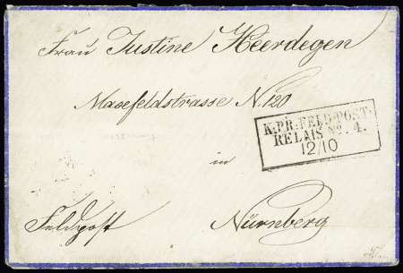 Lettre en franchise pour Nuremberg avec CAD rectangulaire "K.PR feldpost relais n°4" (12.10.1870). Rare et TB