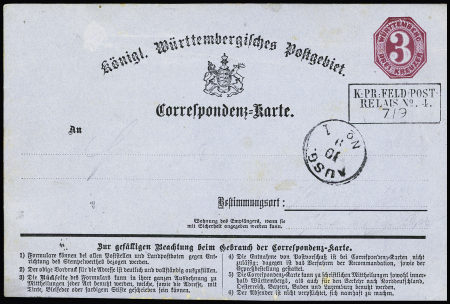 Entier carte postale 3K rouge de Wurttemberg avec CAD rectangulaire "K.PR. Feld-post relais n°4" (7.9.1870). Rare et TB