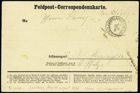 Feldpost-Correspondenzkarte avec CAD rond 2 cercles "K.PR feldpostamt 5 armee corps" (16 - 8 - 70 - date précoce). Rare et TB