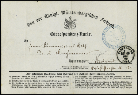 Feldpost-Correspondenzkarte du Wurtemberg avec CAD T16 "Sarrebourg (52)" (19 dec 70) + cachet bleu "KGL.PR eisenbahn etappen commando". RR et TB