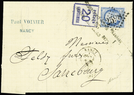 Double affranchissement : n°60 OBL GC 2598 + T17 Nancy (24 nov 71 et Alsace n°6 OBL linéaire "Eisenb poste bureau Nanzig-Frankfurt A/M" sur lettre. TB