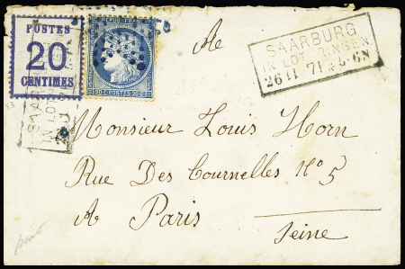 N°37 OBL étoile muette bleue + Alsace n°6 OBL CAD rectangulaire "Saarburg in Lothringen 26.11.71 - le 11 est frappé à l'envers) sur lettre. TB
