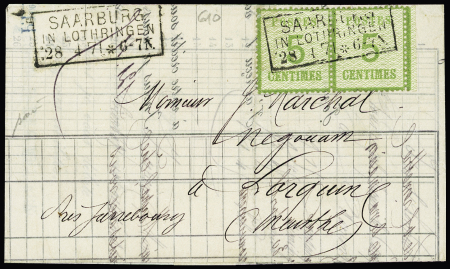 Alsace n°4, 5c vert-jaune en paire, OBL CAD rectangulaire "Saarburg in Lothringen"28.4.71" sur lettre. TB
