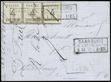 Alsace n°3, 4c gris-lilas, bande de 3 avec burelage renversé OBL CAD rectangulaire "Saarburg in Lothringen 1.11.71" sur lettre pour Strasbourg. RRR et TB