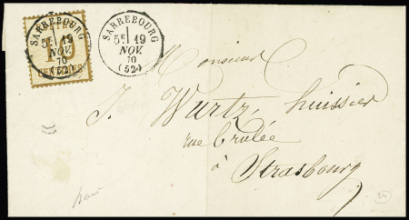 Alsace n°5 OBL CAD type 16 "Sarrebourg (52)" répété à côté sur lettre pour Strasbourg. TB