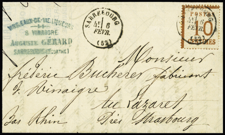 Alsace n°5 OBL CAD français T16 "Sarrebourg (52)" (6 fevr - sans millésime 71) répété à côté sur lettre pour le Lazaret près Strasbourg. TB