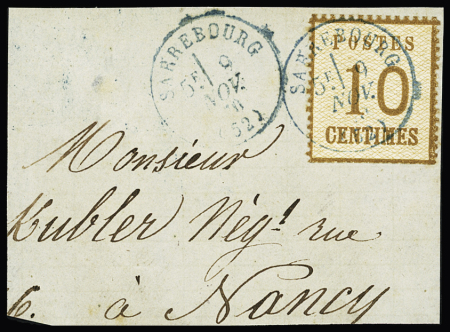 Alsace n°5 OBL CAD "Sarrebourg (52)" (9 nov 70) sur grand fragment. RR dans cette couleur, certificat RHP. TB